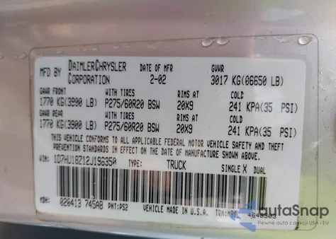 2002 Dodge Ram 1500 St из США, поврежденный, VIN 1D7HU18Z12J198350